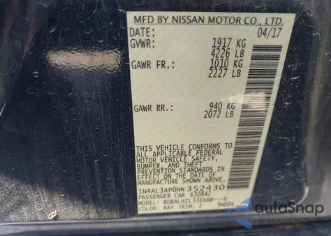 2017 Nissan Altima 2.5 Sr from USA, damaged, VIN 1N4AL3AP0HN352430